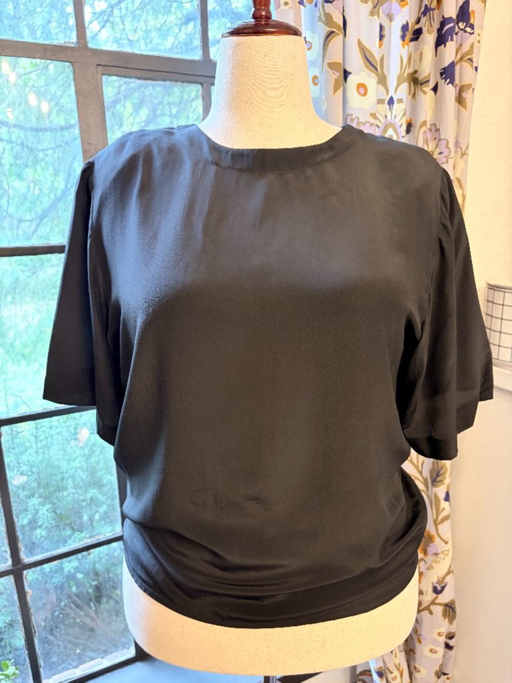 Vtg Ann Tjian for Kenar Silk Short Sleeve Blouse Black L Minimalist Quiet Luxury